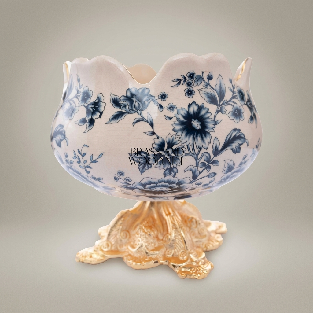 Baroque Chinoiserie Ceramic Bonbonniere Bowl with Gilded Floral Base — Gold