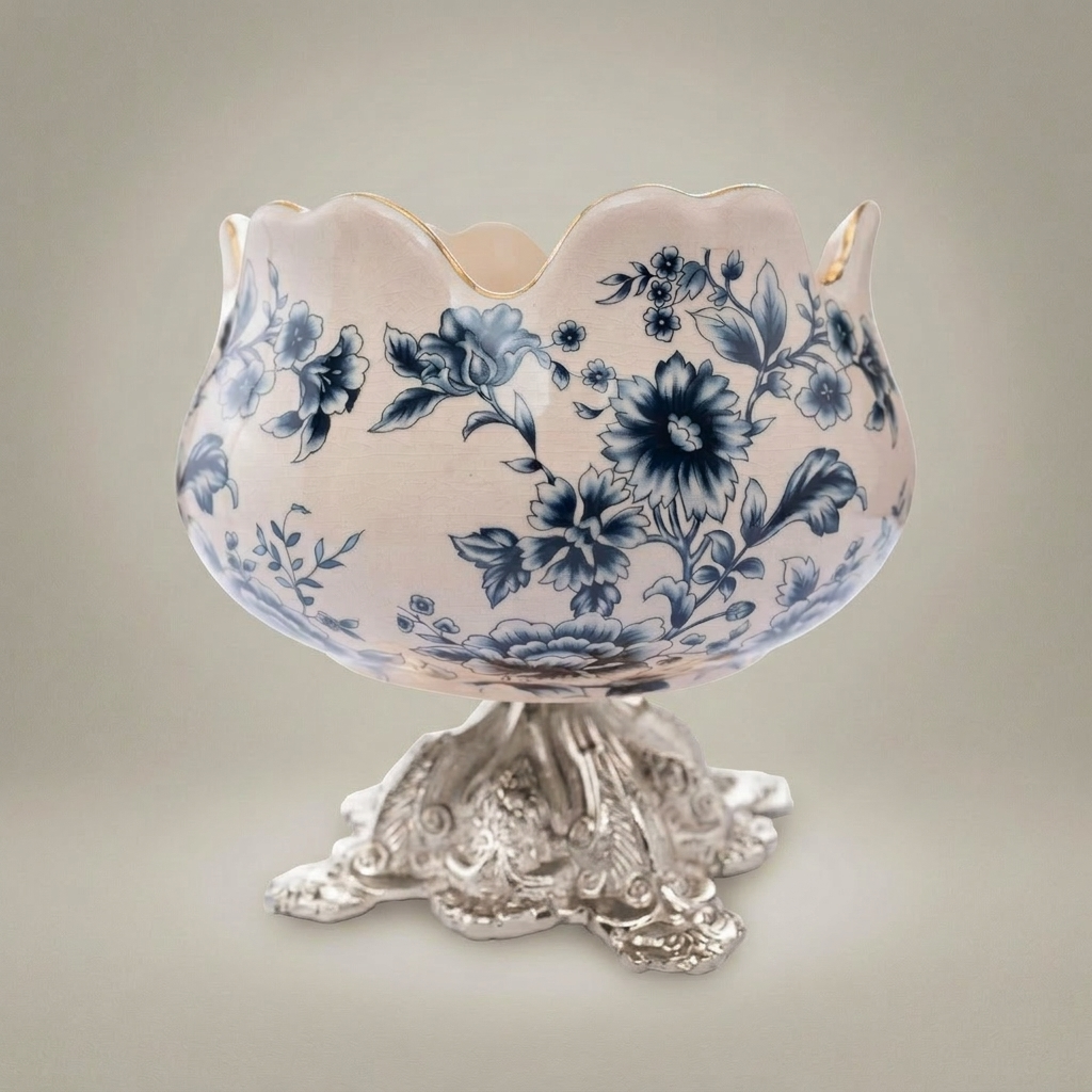 Baroque Chinoiserie Ceramic Bonbonniere Bowl with Gilded Floral Base — Silver