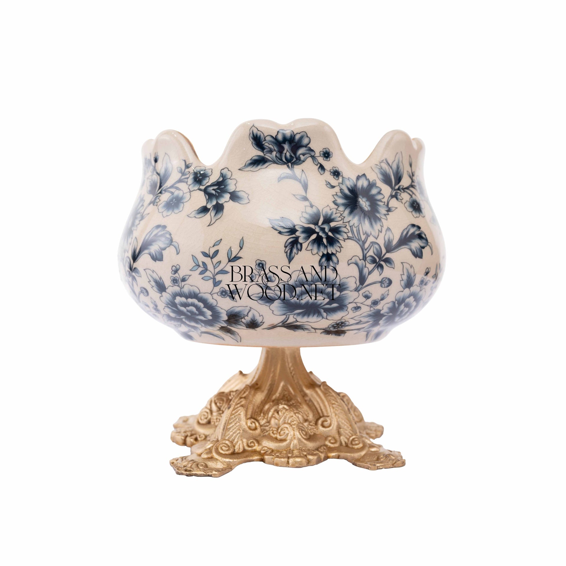Baroque Chinoiserie Ceramic Bonbonniere Bowl with Gilded Floral Base — Antique Gold