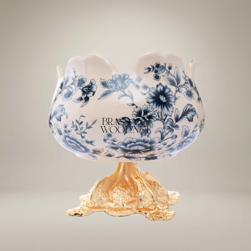 Baroque Chinoiserie Ceramic Bonbonniere Bowl with Gilded Floral Base — Gold