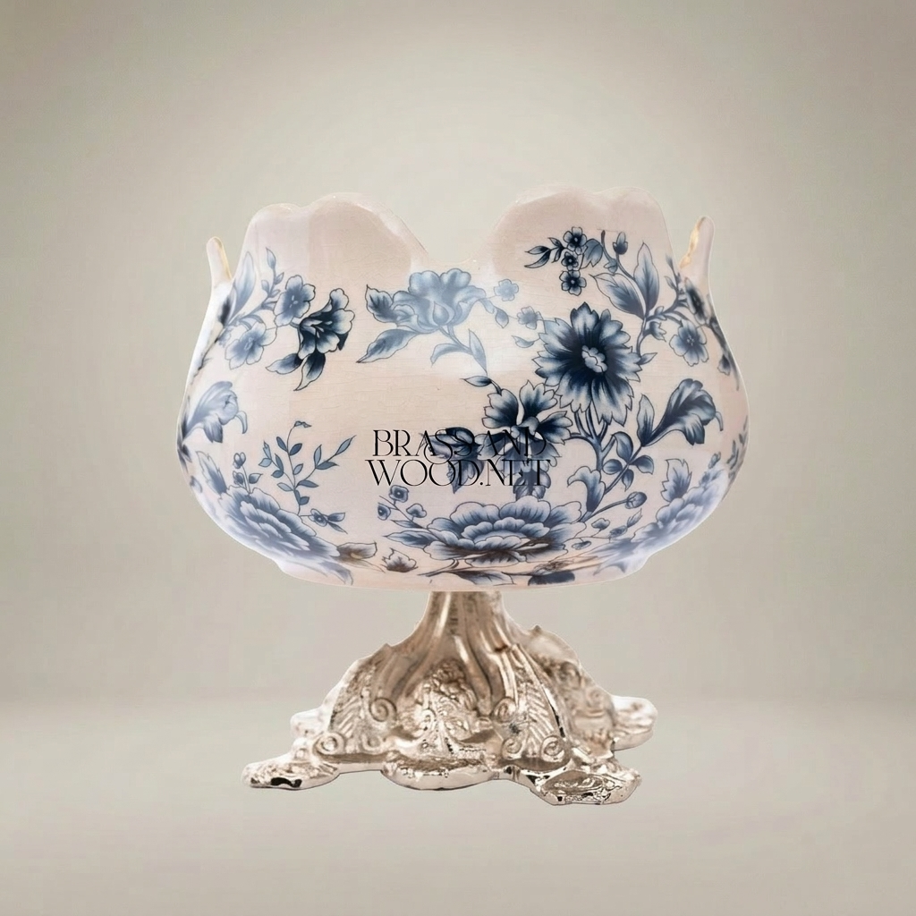Baroque Chinoiserie Ceramic Bonbonniere Bowl with Gilded Floral Base — Silver