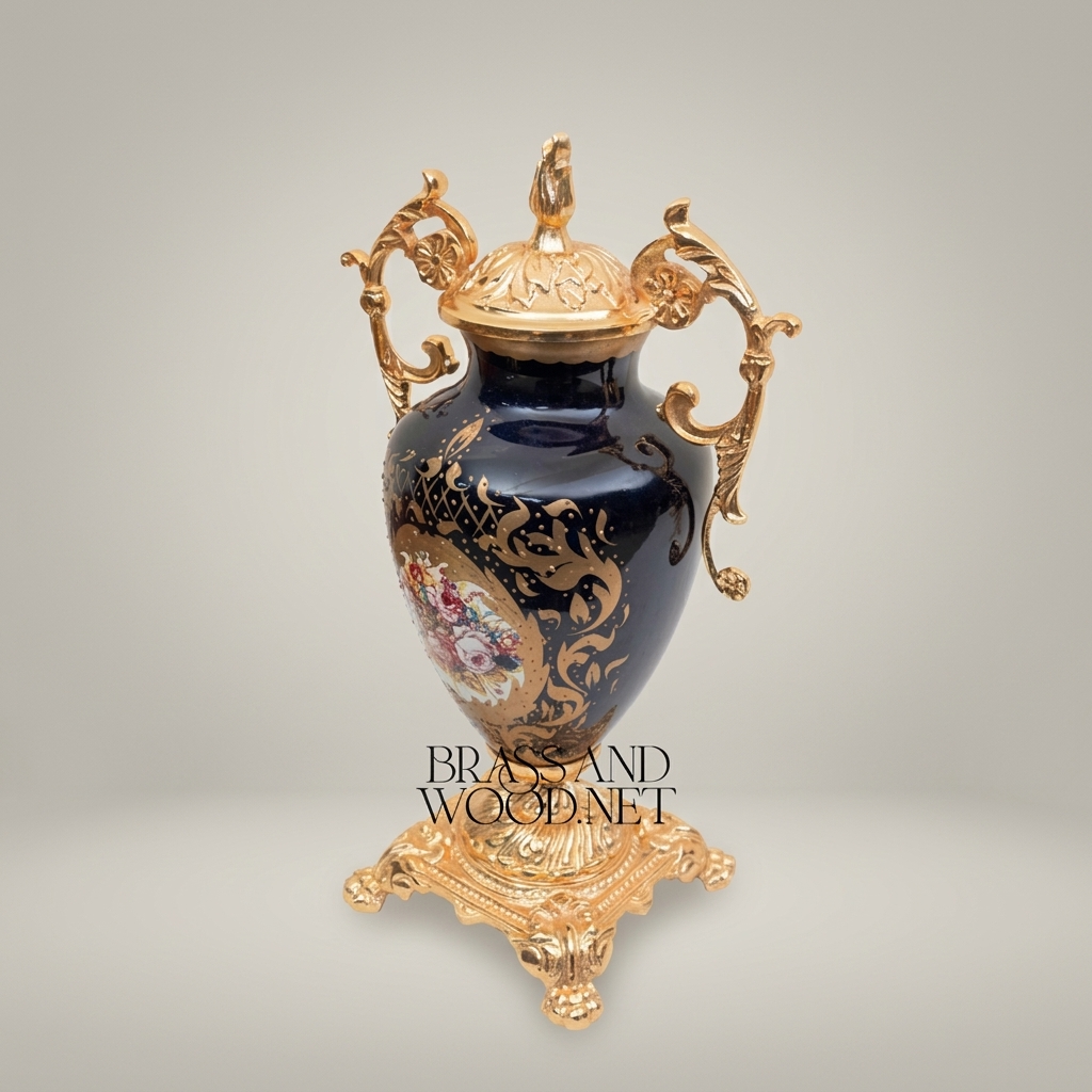 Baroque Cobalt Blue Ceramic Lidded Urn Vase with Gilt Brass Mounts & Hand-Painted Floral Medallion