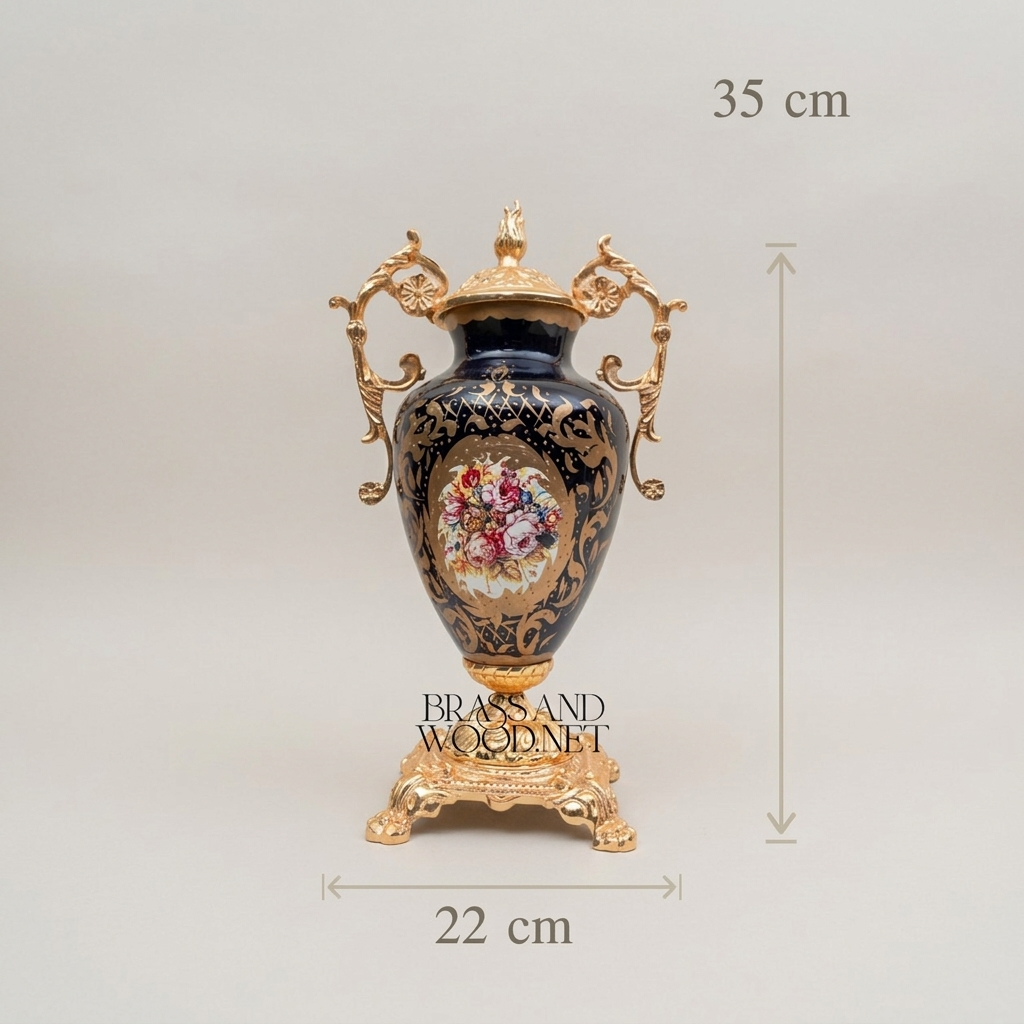 Baroque Cobalt Blue Ceramic Lidded Urn Vase with Gilt Brass Mounts & Hand-Painted Floral Medallion — Gold
