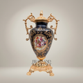 Baroque Cobalt Blue Ceramic Lidded Urn Vase with Gilt Brass Mounts & Hand-Painted Floral Medallion — Gold