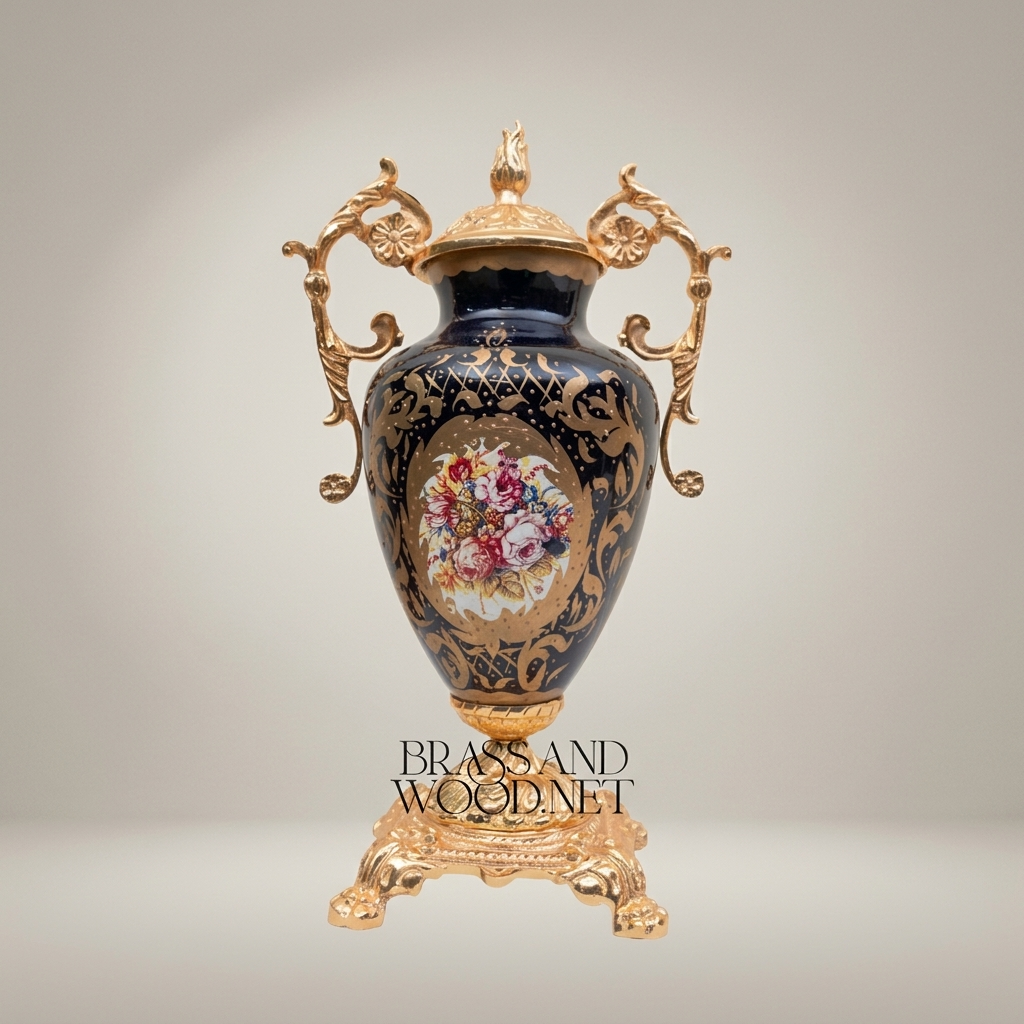 Baroque Cobalt Blue Ceramic Lidded Urn Vase with Gilt Brass Mounts & Hand-Painted Floral Medallion