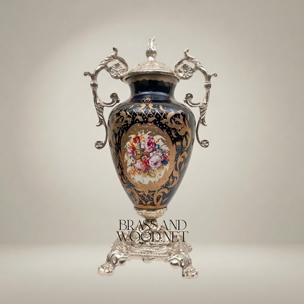 Baroque Cobalt Blue Ceramic Lidded Urn Vase with Gilt Brass Mounts & Hand-Painted Floral Medallion — Silver