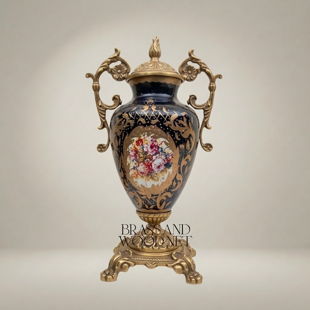Baroque Cobalt Blue Ceramic Lidded Urn Vase with Gilt Brass Mounts & Hand-Painted Floral Medallion — Antique Gold