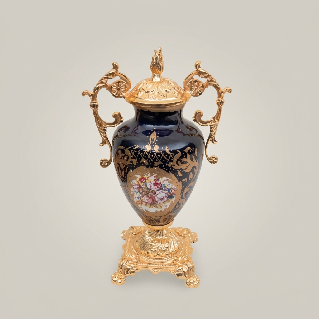 Baroque Cobalt Blue Ceramic Lidded Urn Vase with Gilt Brass Mounts & Hand-Painted Floral Medallion