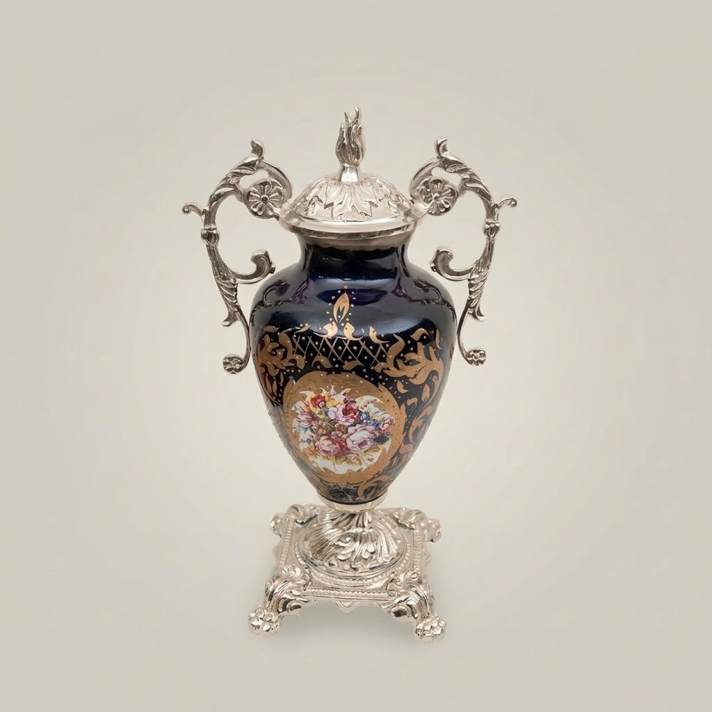 Baroque Cobalt Blue Ceramic Lidded Urn Vase with Gilt Brass Mounts & Hand-Painted Floral Medallion — Silver