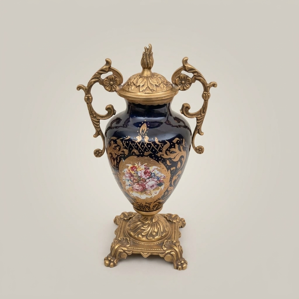 Baroque Cobalt Blue Ceramic Lidded Urn Vase with Gilt Brass Mounts & Hand-Painted Floral Medallion — Antique Gold