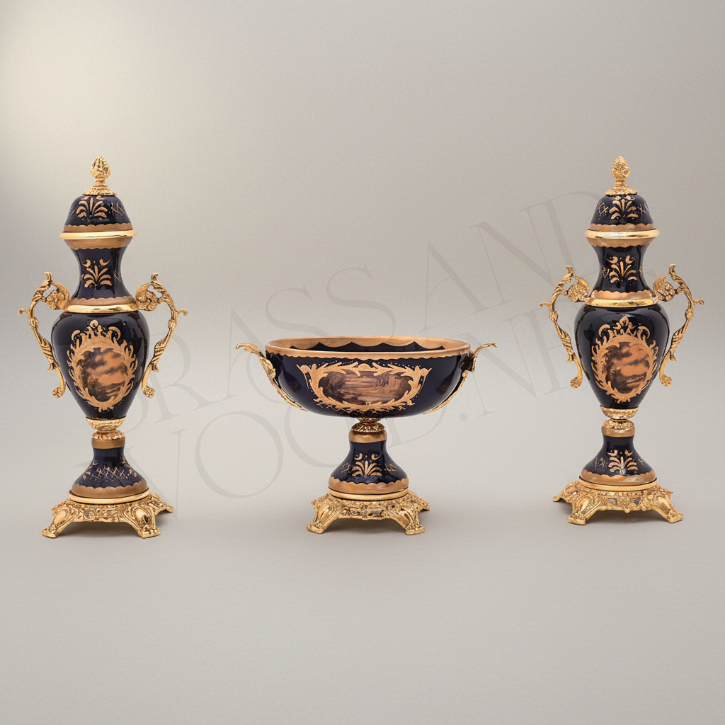 Baroque Cobalt & Brass 3-Piece Garniture Set with Lidded Urns & Centrepiece Tazza — Antique Gold