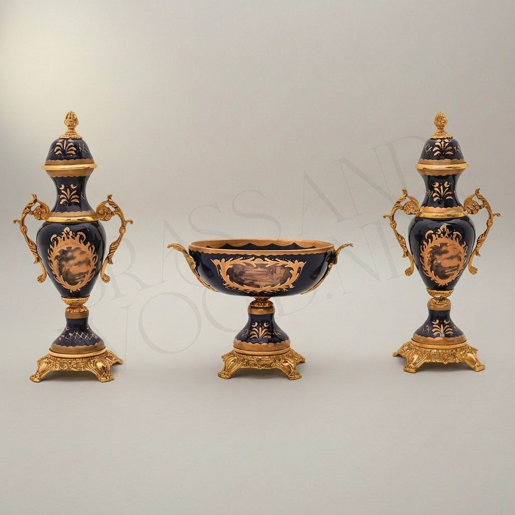 Baroque Cobalt & Brass 3-Piece Garniture Set with Lidded Urns & Centrepiece Tazza