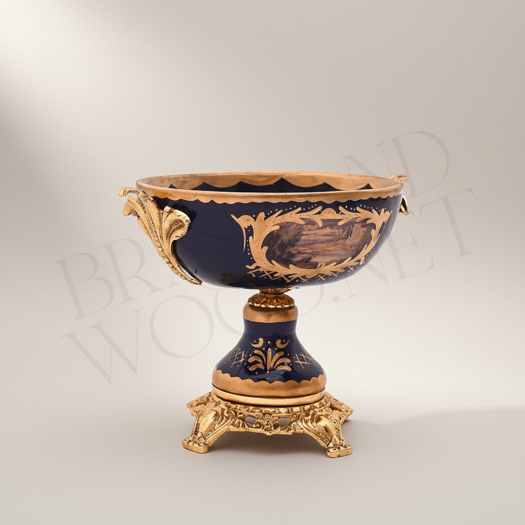 Baroque Cobalt & Brass 3-Piece Garniture Set with Lidded Urns & Centrepiece Tazza — Antique Gold