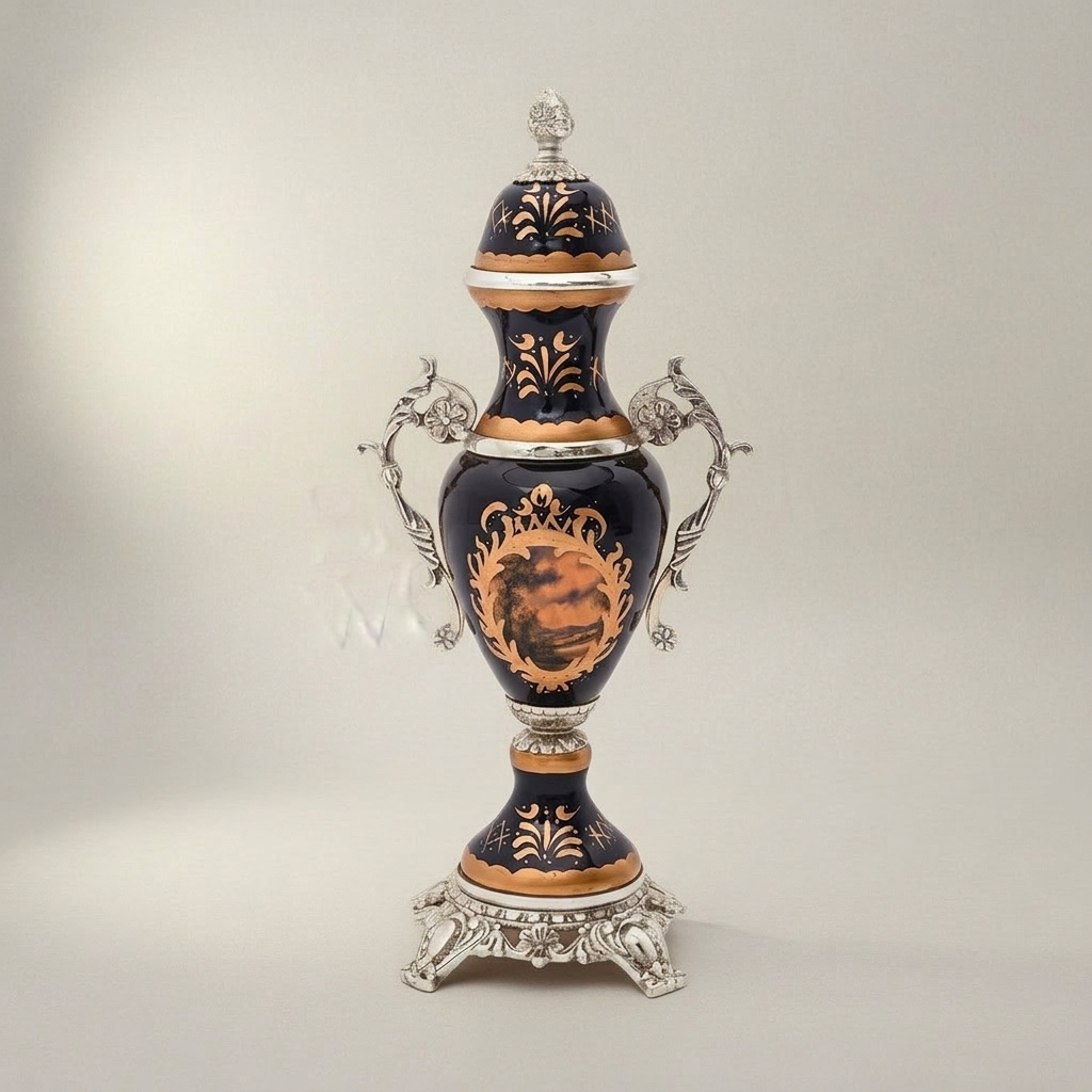 Baroque Cobalt & Brass 3-Piece Garniture Set with Lidded Urns & Centrepiece Tazza — Silver