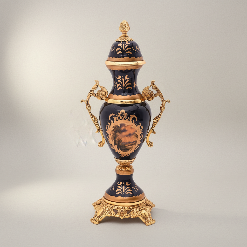 Baroque Cobalt & Brass 3-Piece Garniture Set with Lidded Urns & Centrepiece Tazza — Antique Gold