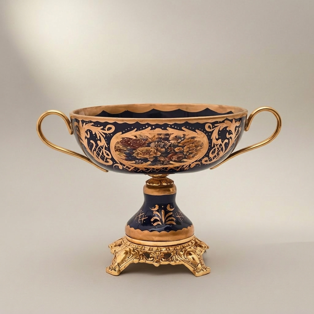 Baroque Cobalt & Brass 3-Piece Garniture Set with Lidded Urns & Centrepiece Tazza — Gold