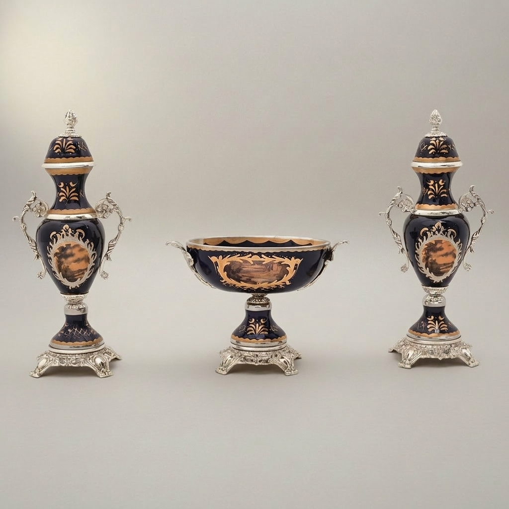 Baroque Cobalt & Brass 3-Piece Garniture Set with Lidded Urns & Centrepiece Tazza — Silver