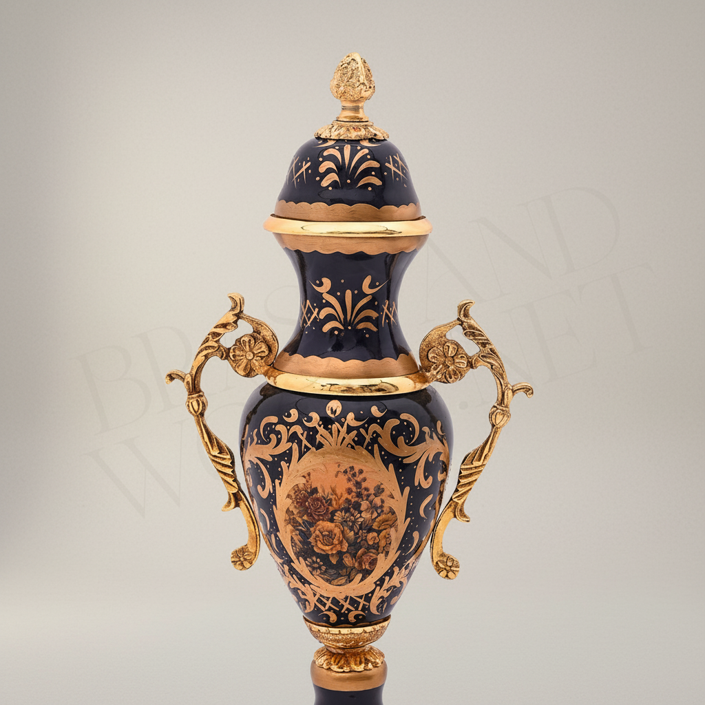 Baroque Cobalt & Brass 3-Piece Garniture Set with Lidded Urns & Centrepiece Tazza — Antique Gold