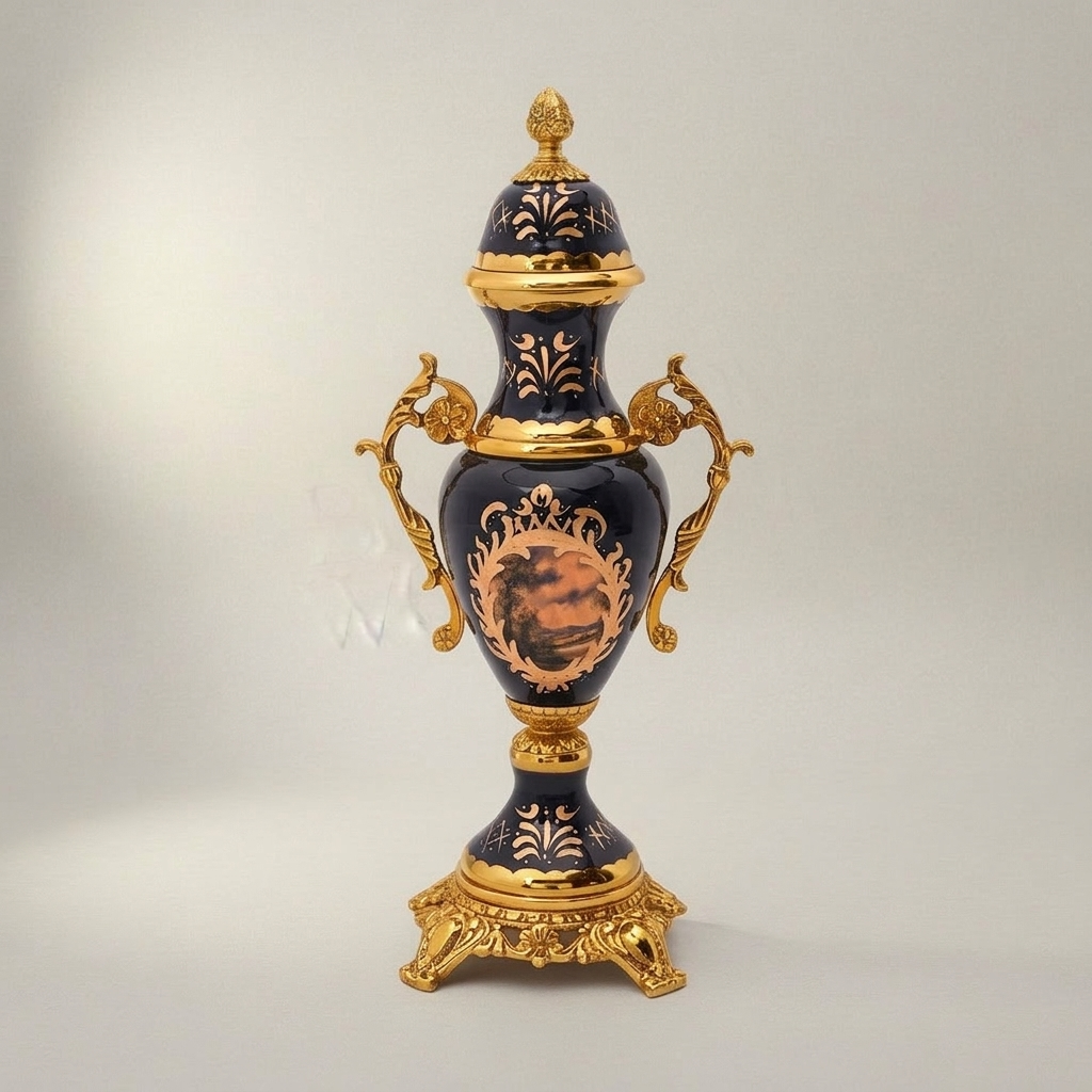 Baroque Cobalt & Brass 3-Piece Garniture Set with Lidded Urns & Centrepiece Tazza — Gold