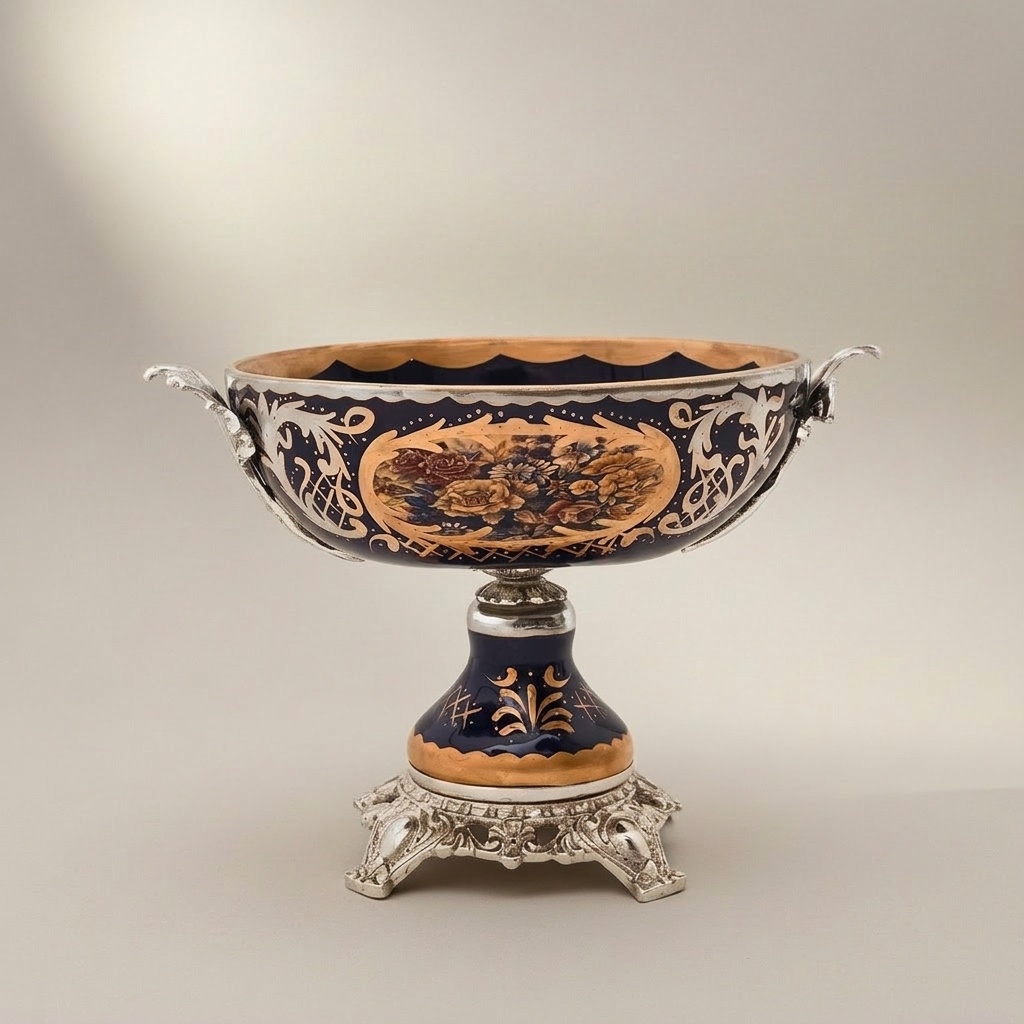 Baroque Cobalt & Brass 3-Piece Garniture Set with Lidded Urns & Centrepiece Tazza — Silver