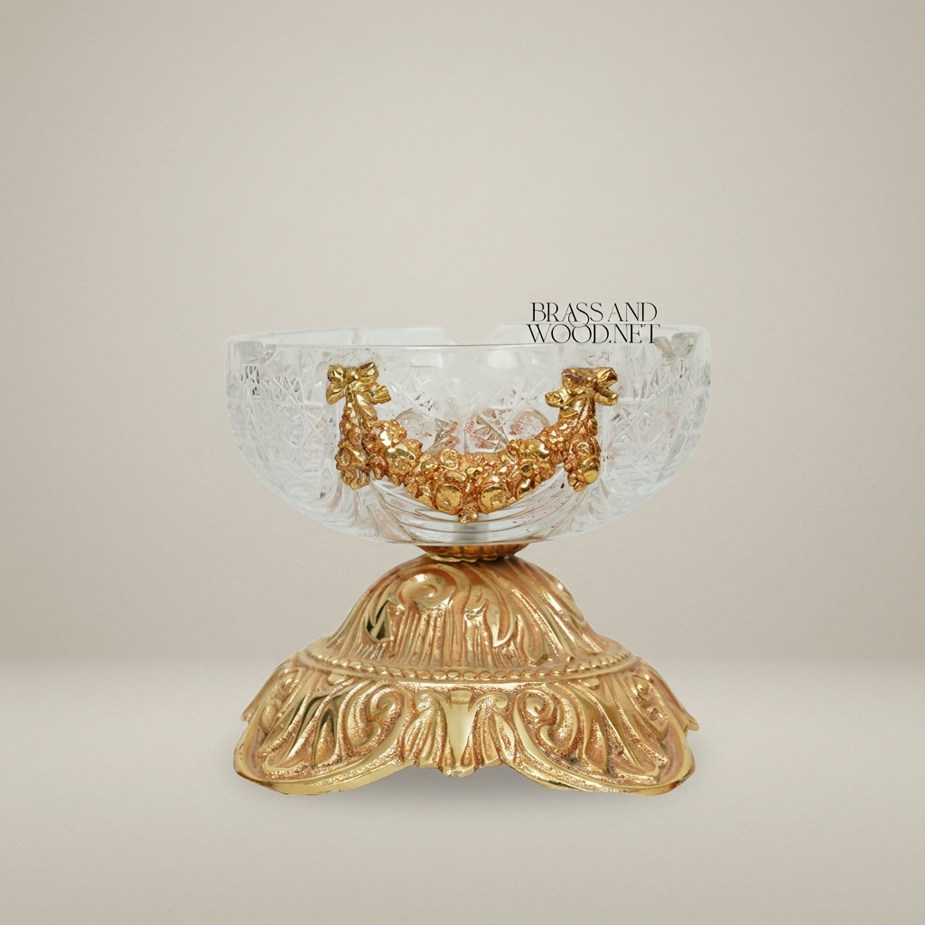 Baroque Crystal Ashtray with Ormolu Brass Base & Floral Swag Mounts — Gold
