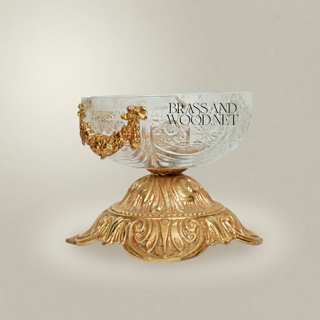 Baroque Crystal Ashtray with Ormolu Brass Base & Floral Swag Mounts