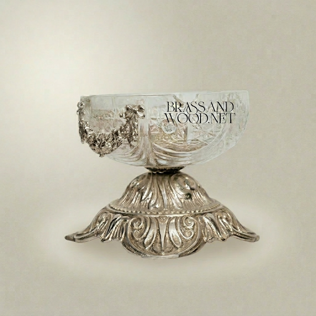 Baroque Crystal Ashtray with Ormolu Brass Base & Floral Swag Mounts — Silver