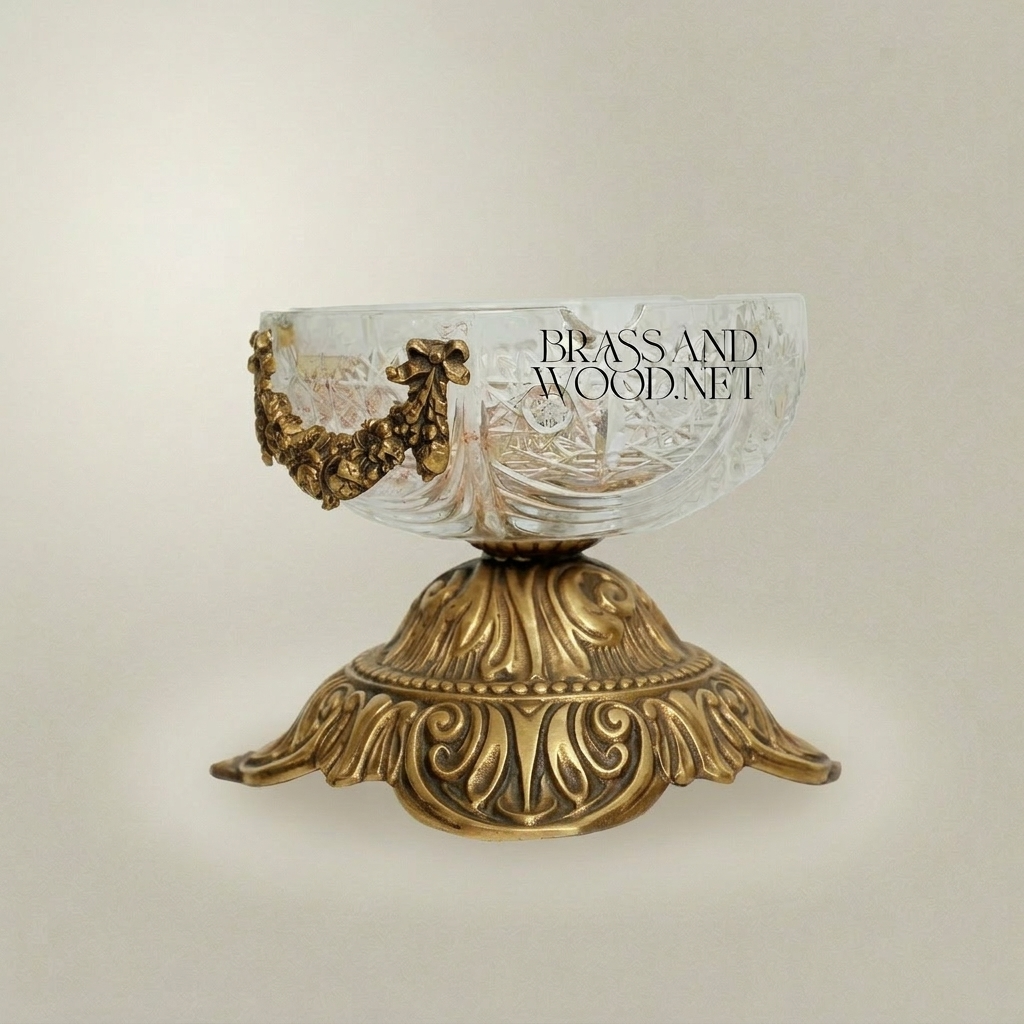 Baroque Crystal Ashtray with Ormolu Brass Base & Floral Swag Mounts — Antique Gold