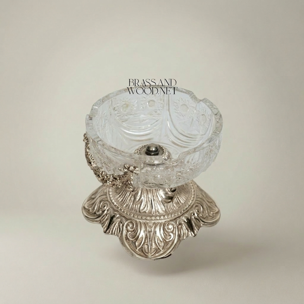 Baroque Crystal Ashtray with Ormolu Brass Base & Floral Swag Mounts — Silver