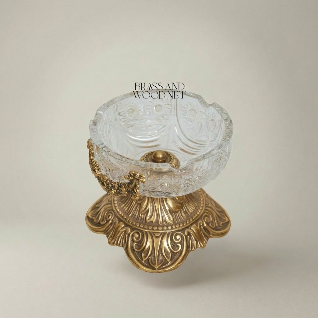 Baroque Crystal Ashtray with Ormolu Brass Base & Floral Swag Mounts — Antique Gold