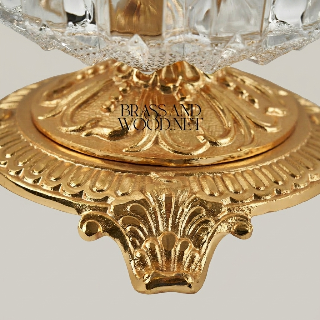 Baroque Crystal Ashtray with Ornate Acanthus Brass Pedestal Base — Gold
