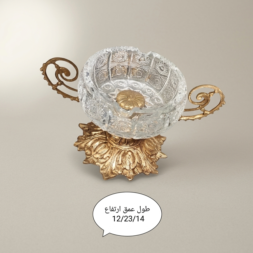 Baroque Crystal Ashtray on Ornate Acanthus Brass Pedestal with Scroll Handles — Antique Gold