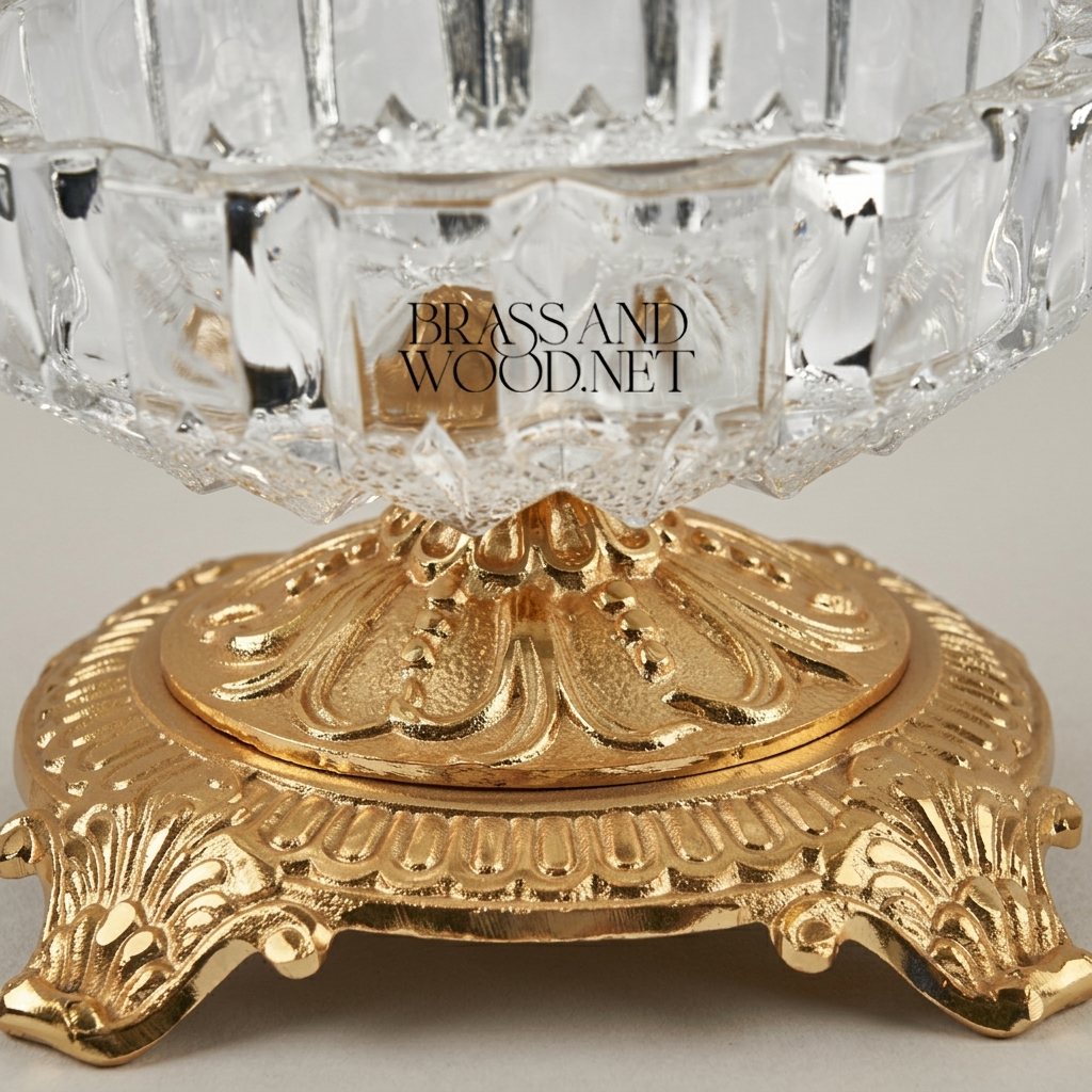Baroque Crystal Ashtray with Ornate Acanthus Brass Pedestal Base — Gold