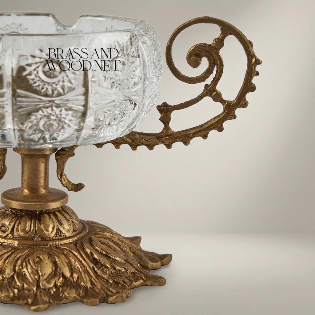 Baroque Crystal Ashtray on Ornate Acanthus Brass Pedestal with Scroll Handles — Antique Gold