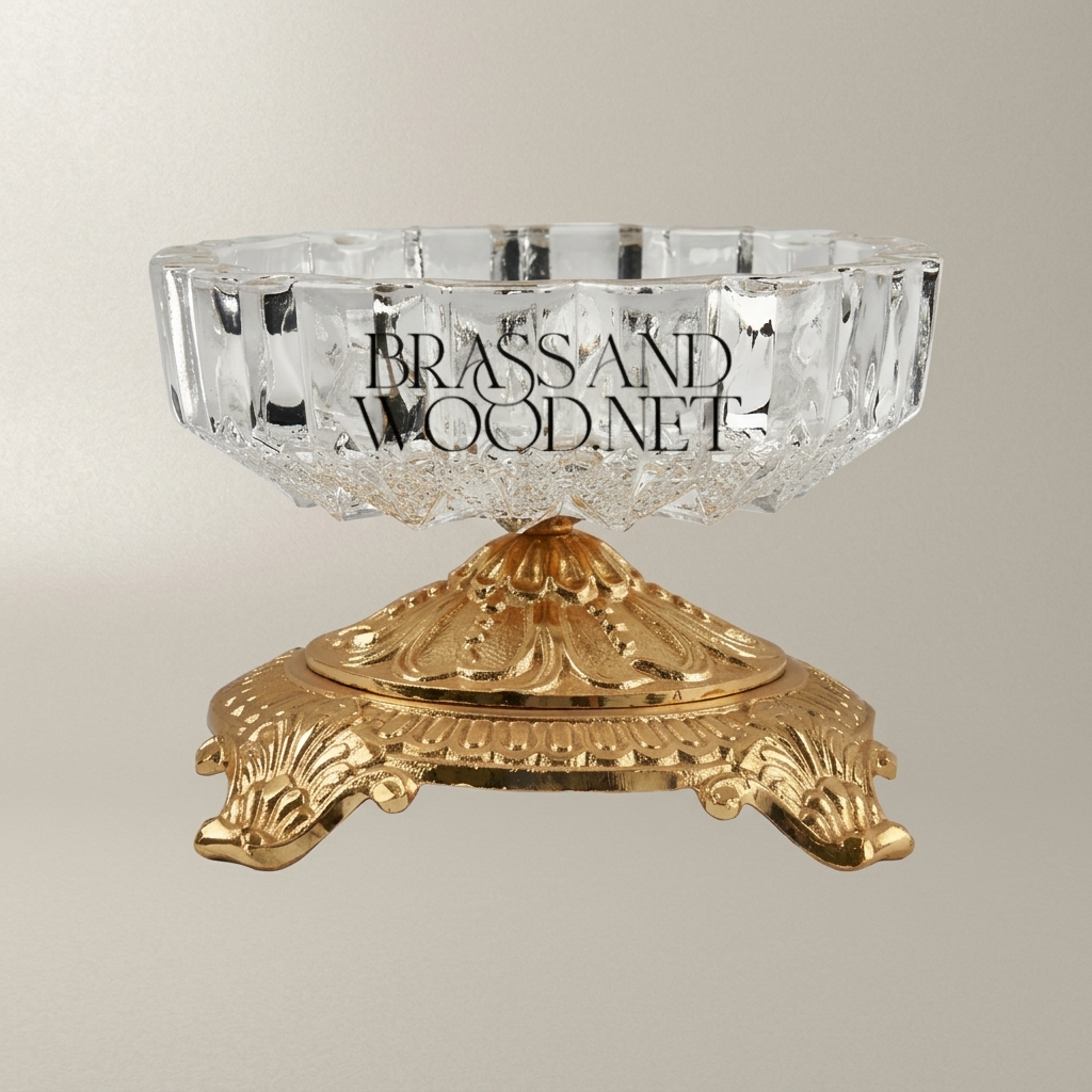 Baroque Crystal Ashtray with Ornate Acanthus Brass Pedestal Base