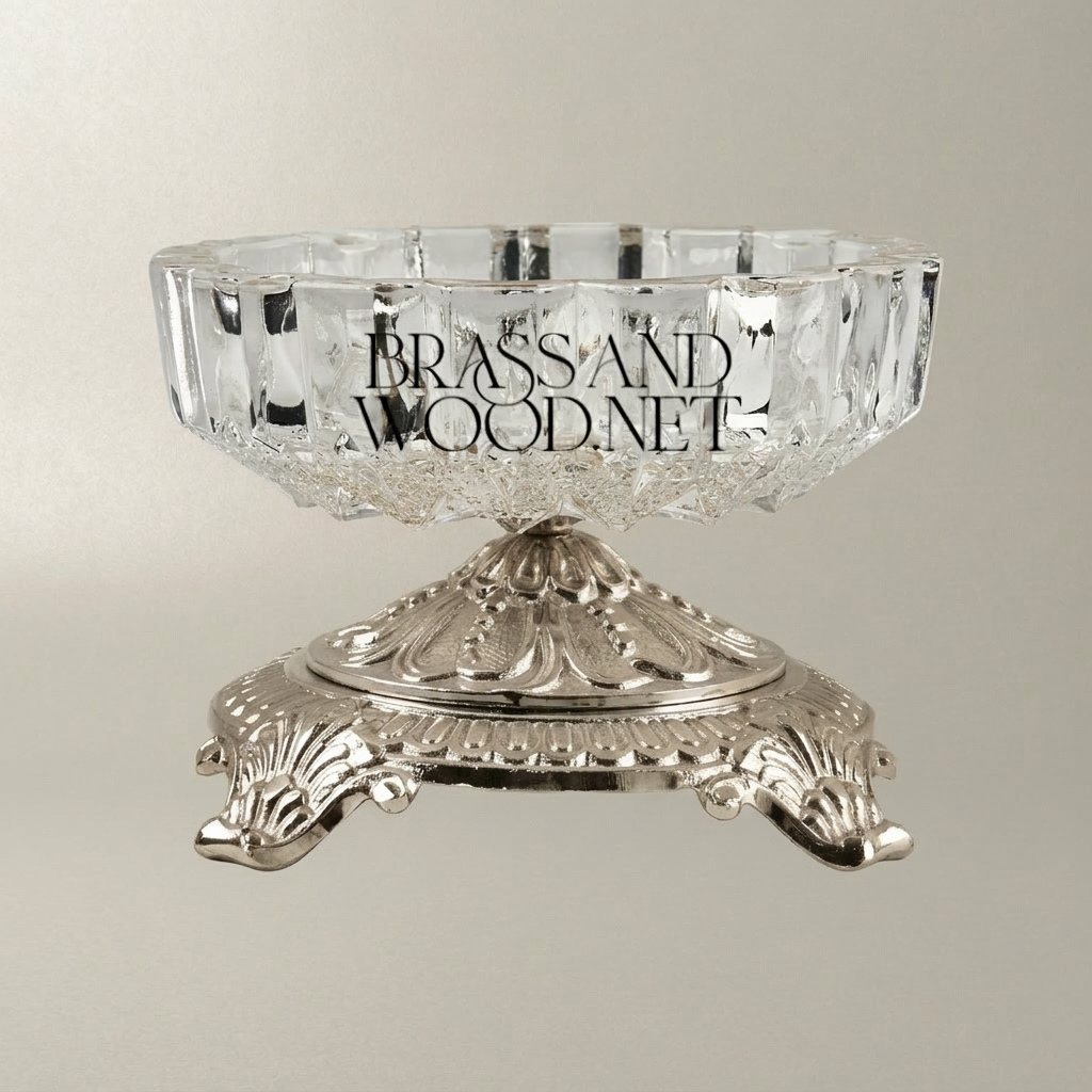 Baroque Crystal Ashtray with Ornate Acanthus Brass Pedestal Base — Silver