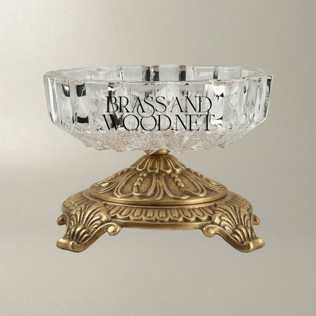 Baroque Crystal Ashtray with Ornate Acanthus Brass Pedestal Base — Antique Gold