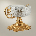 Baroque Crystal Ashtray on Ornate Acanthus Brass Pedestal with Scroll Handles — Gold