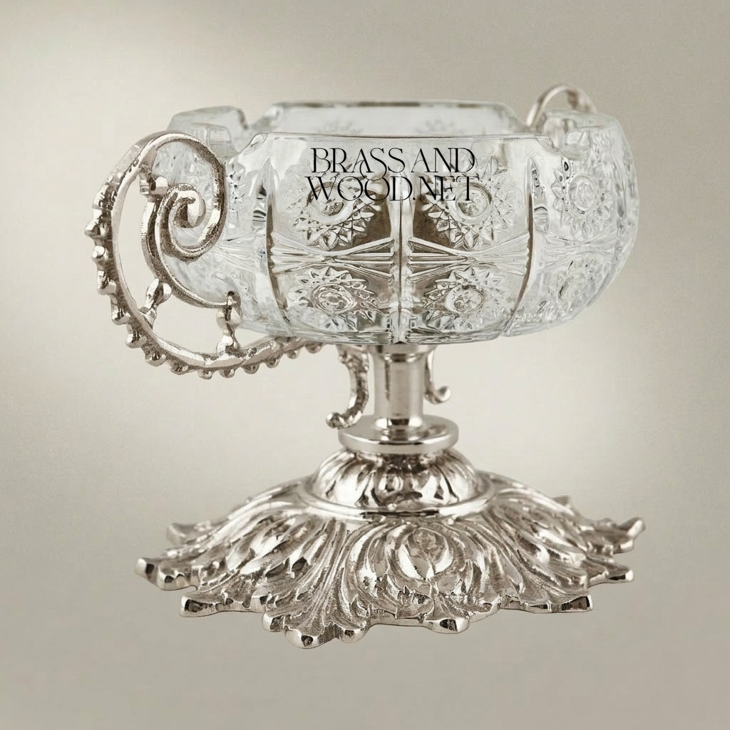 Baroque Crystal Ashtray on Ornate Acanthus Brass Pedestal with Scroll Handles — Silver