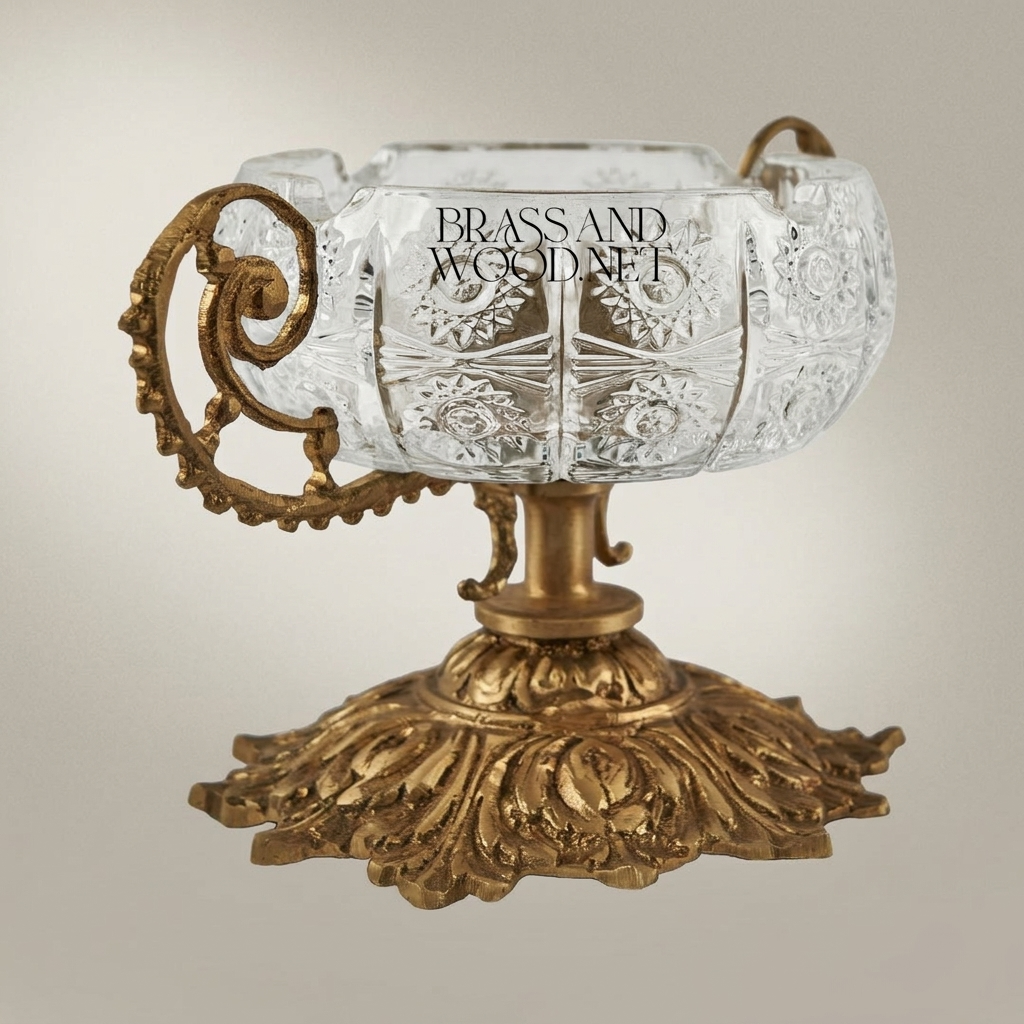 Baroque Crystal Ashtray on Ornate Acanthus Brass Pedestal with Scroll Handles — Antique Gold