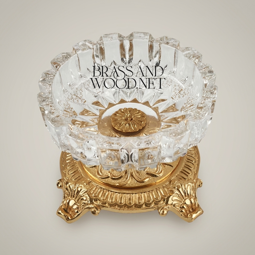 Baroque Crystal Ashtray with Ornate Acanthus Brass Pedestal Base — Gold