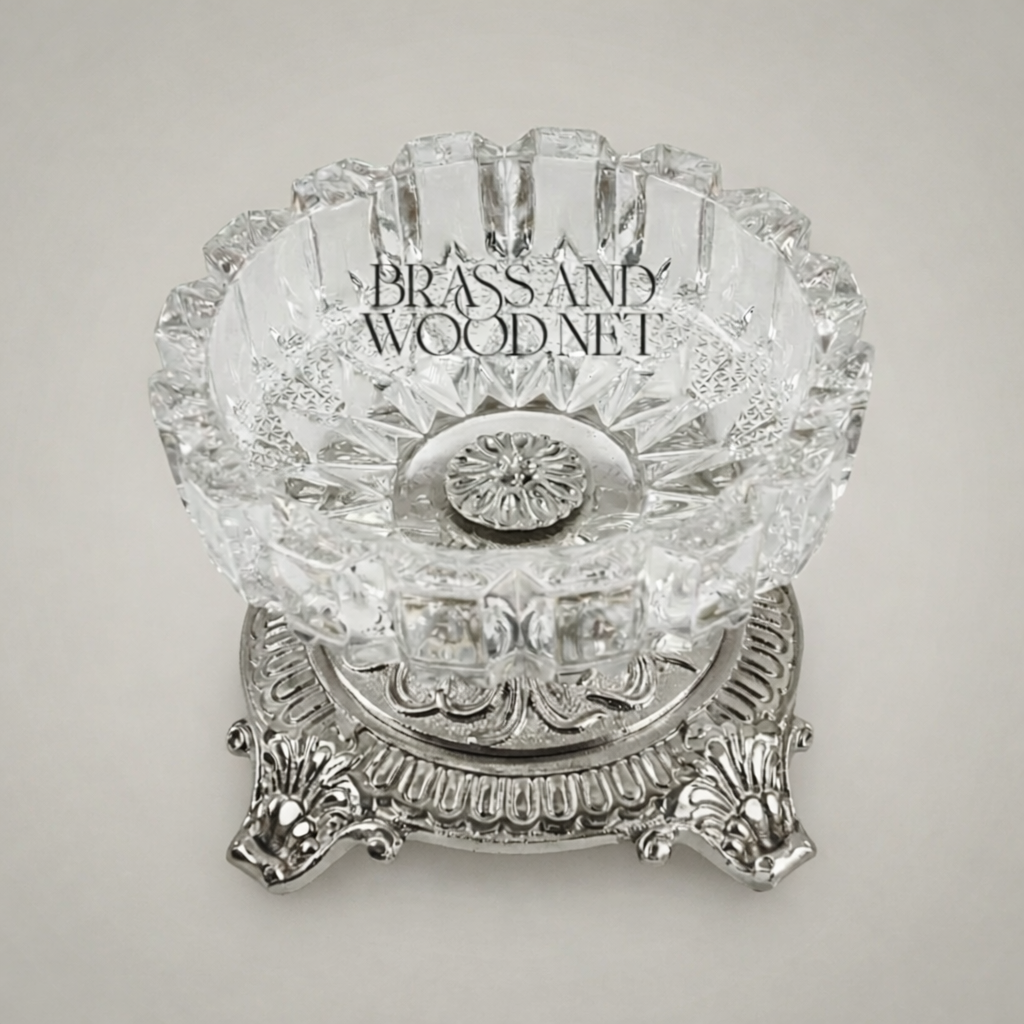 Baroque Crystal Ashtray with Ornate Acanthus Brass Pedestal Base — Silver