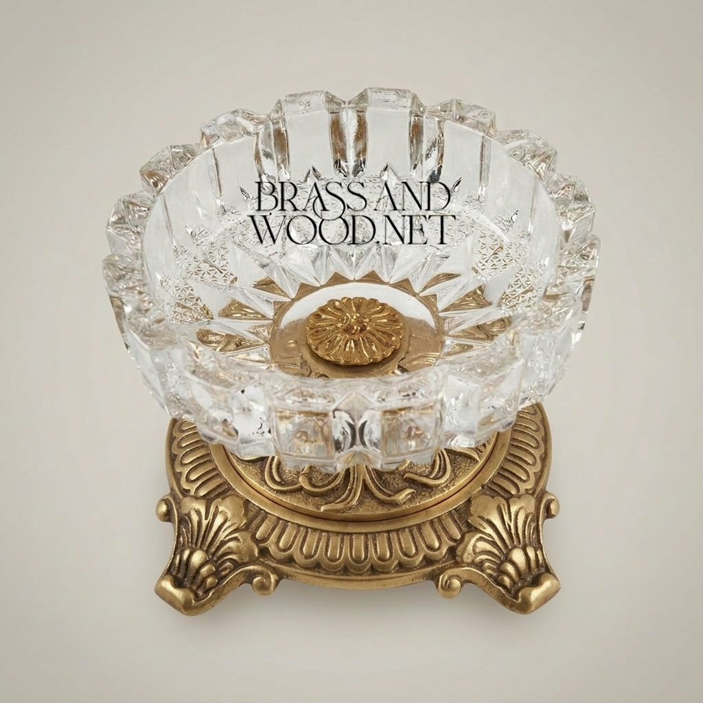 Baroque Crystal Ashtray with Ornate Acanthus Brass Pedestal Base — Antique Gold
