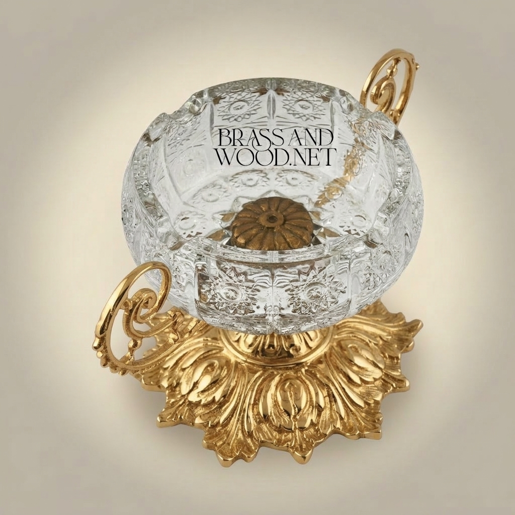 Baroque Crystal Ashtray on Ornate Acanthus Brass Pedestal with Scroll Handles
