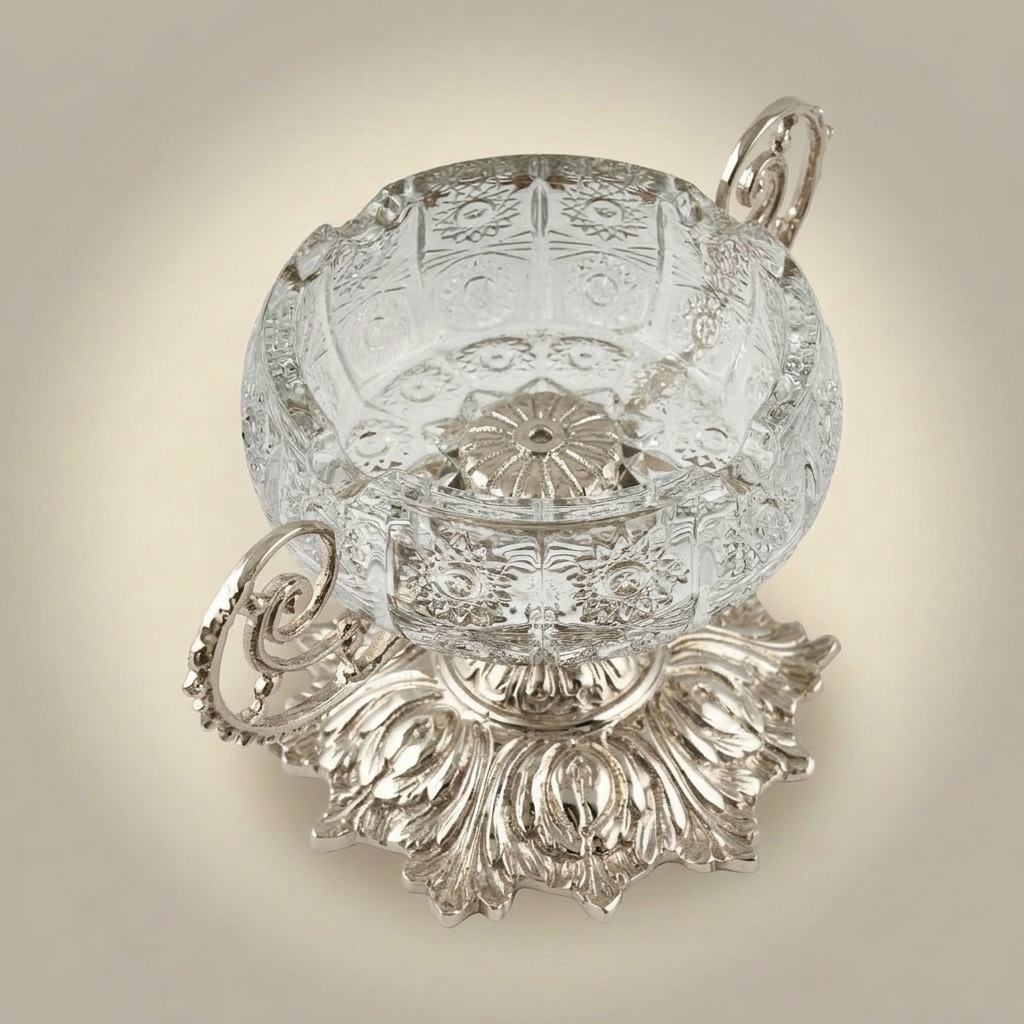 Baroque Crystal Ashtray on Ornate Acanthus Brass Pedestal with Scroll Handles — Silver