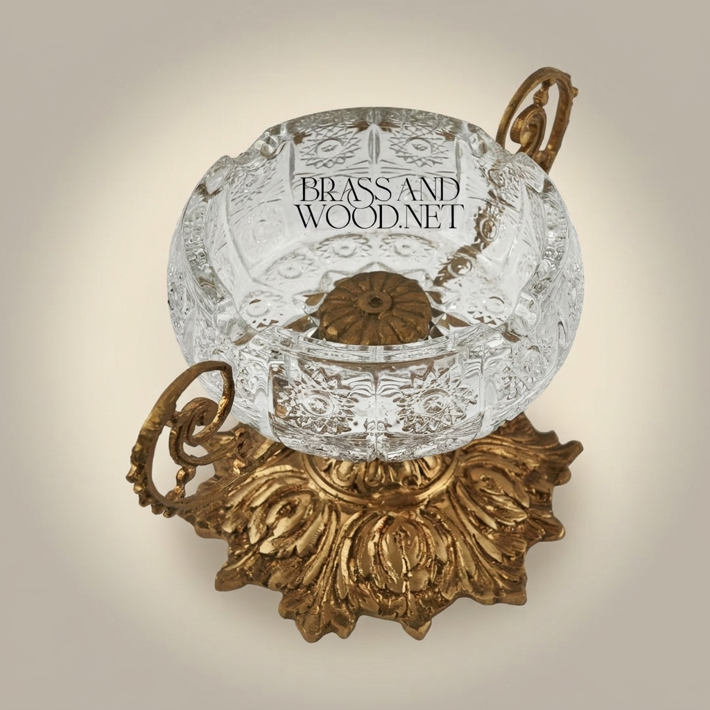 Baroque Crystal Ashtray on Ornate Acanthus Brass Pedestal with Scroll Handles — Antique Gold