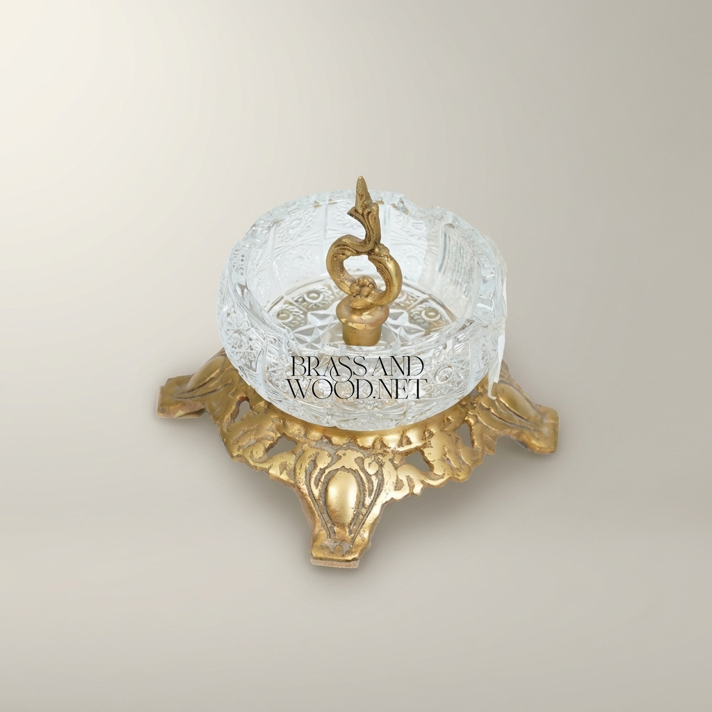 Baroque Crystal Ashtray with Ornate Brass Filigree Base & Scroll Finial — Antique Gold