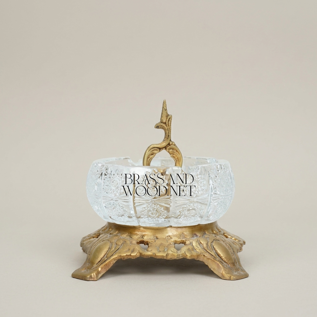 Baroque Crystal Ashtray with Ornate Brass Filigree Base & Scroll Finial — Antique Gold