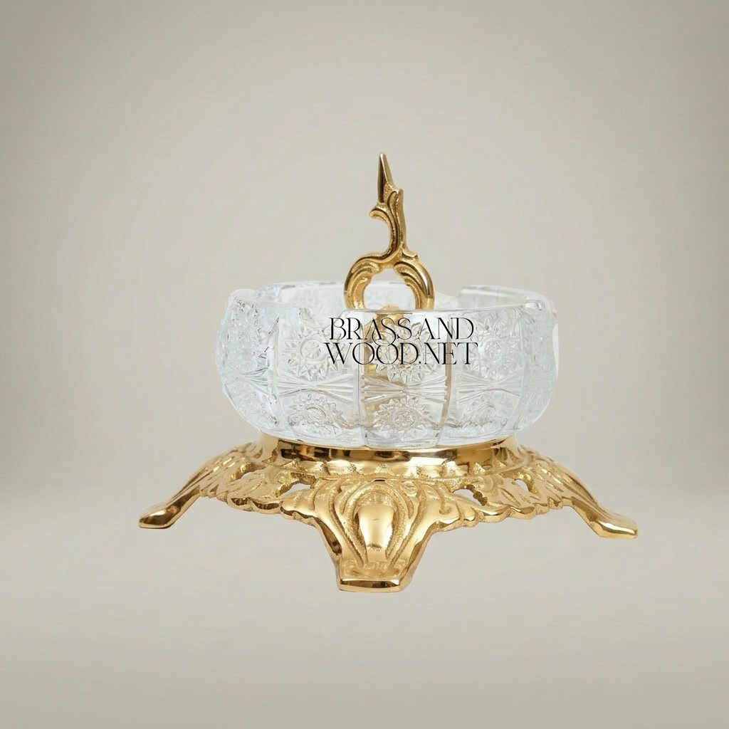 Baroque Crystal Ashtray with Ornate Brass Filigree Base & Scroll Finial — Gold