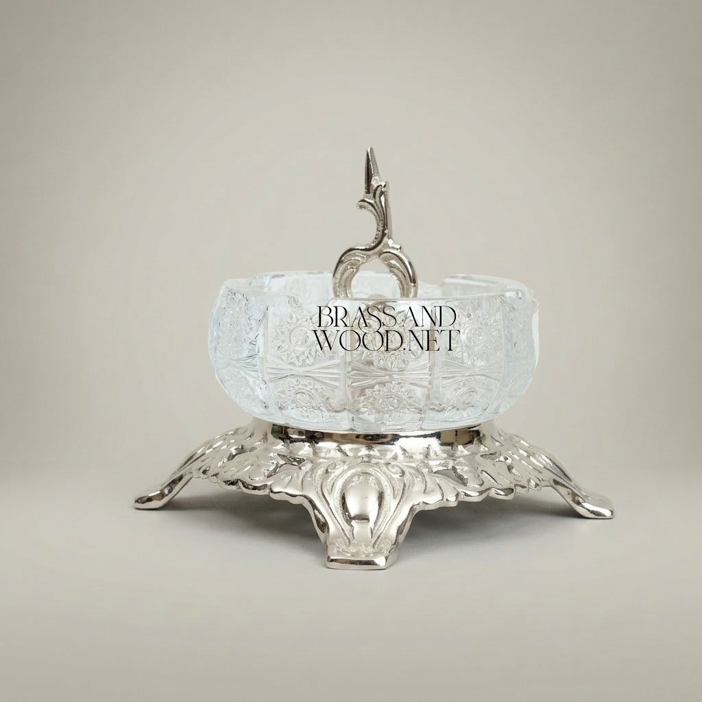 Baroque Crystal Ashtray with Ornate Brass Filigree Base & Scroll Finial — Silver